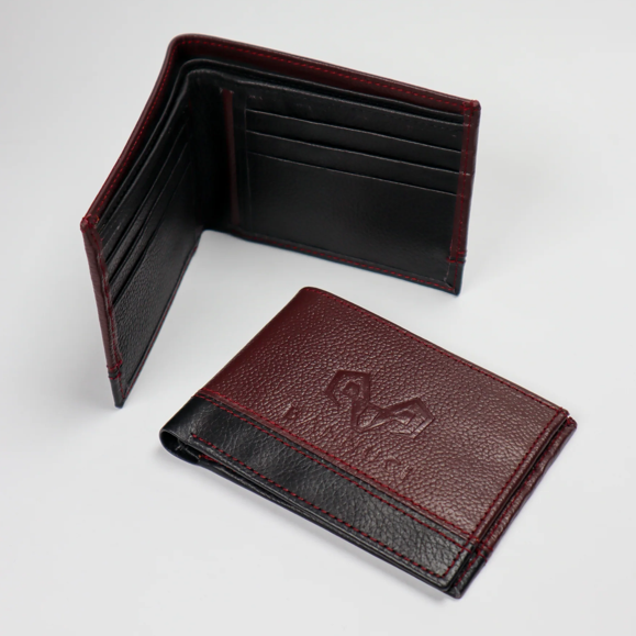 Bifold Brown Leather Wallet with Red Stripe